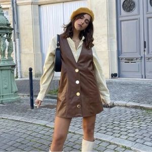 ZARA FAUX LEATHER PINAFORE SKIRT BROWN